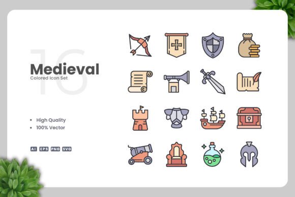 Medieval Colored Icons: Vintage Vector Art for Modern Design