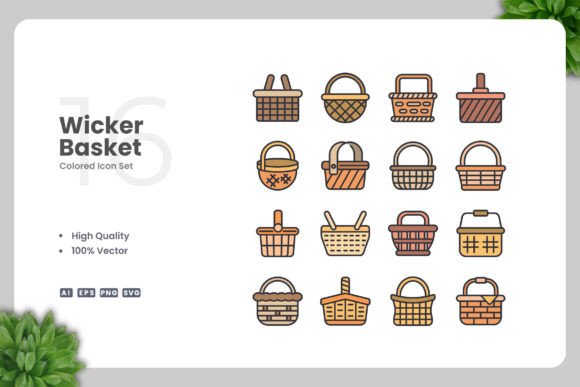 Wicker Basket Colored Icons: Versatile Visual Assets for Modern Creative Projects