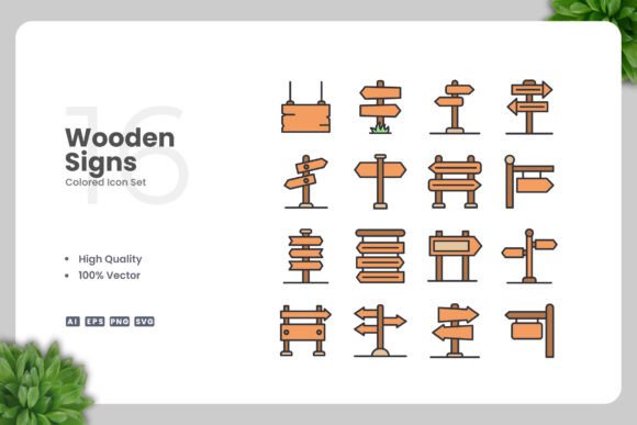 Wooden Signs Colored Icons: Versatile Vector Graphics for Modern Design